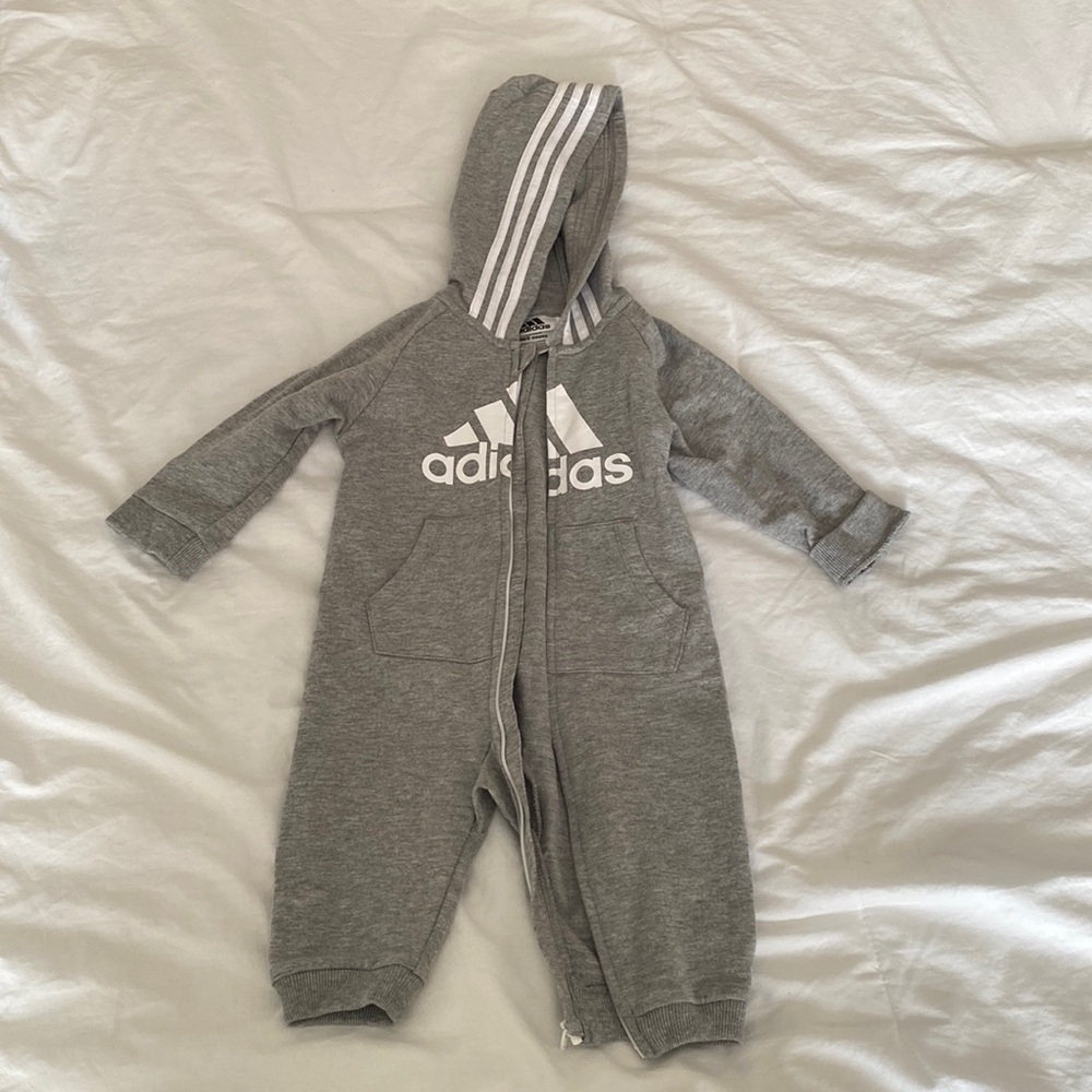 Adidas onesie hooded grey white size 9 months